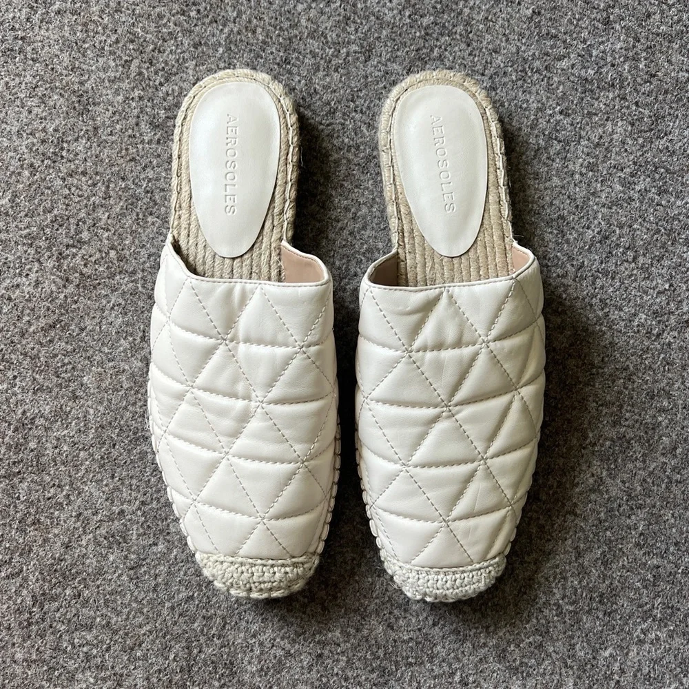 Aerosoles‎ Olson Cream Espadrille Slides Leather Flat Mules Shoes Women’s Size 8